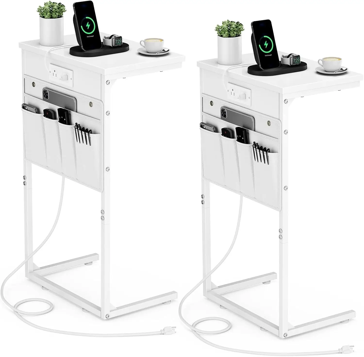 

C Shaped End Table With Charging Station, Set Of 2, 28"" Tall Side Table For Couch, Small Slide Under Sofa Tables With Storage