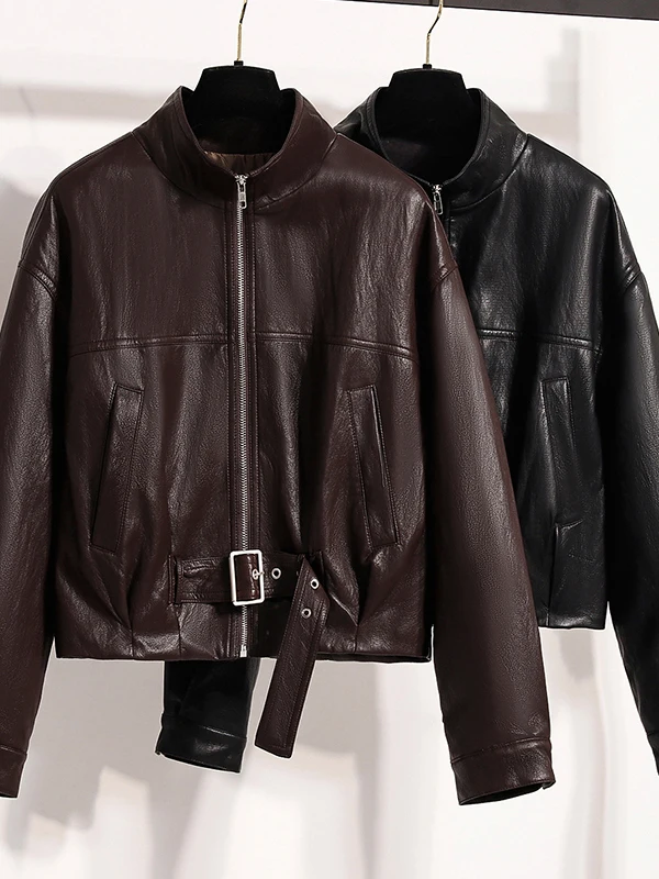 Faionable دراجة نارية Jaet المرأة الخصر مقصوص ort معطف جلد كول Sle حجم كبير الخريف الشتاء Faion ملابس خارجية #2