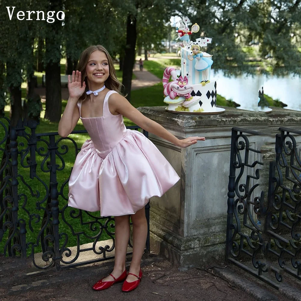 

Verngo розовые атласные платья с цветами для девочек на тонких бретельках трапециевидное детское платье для дня рождения, платья для выпускного вечера знаменитостей по индивидуальному заказу