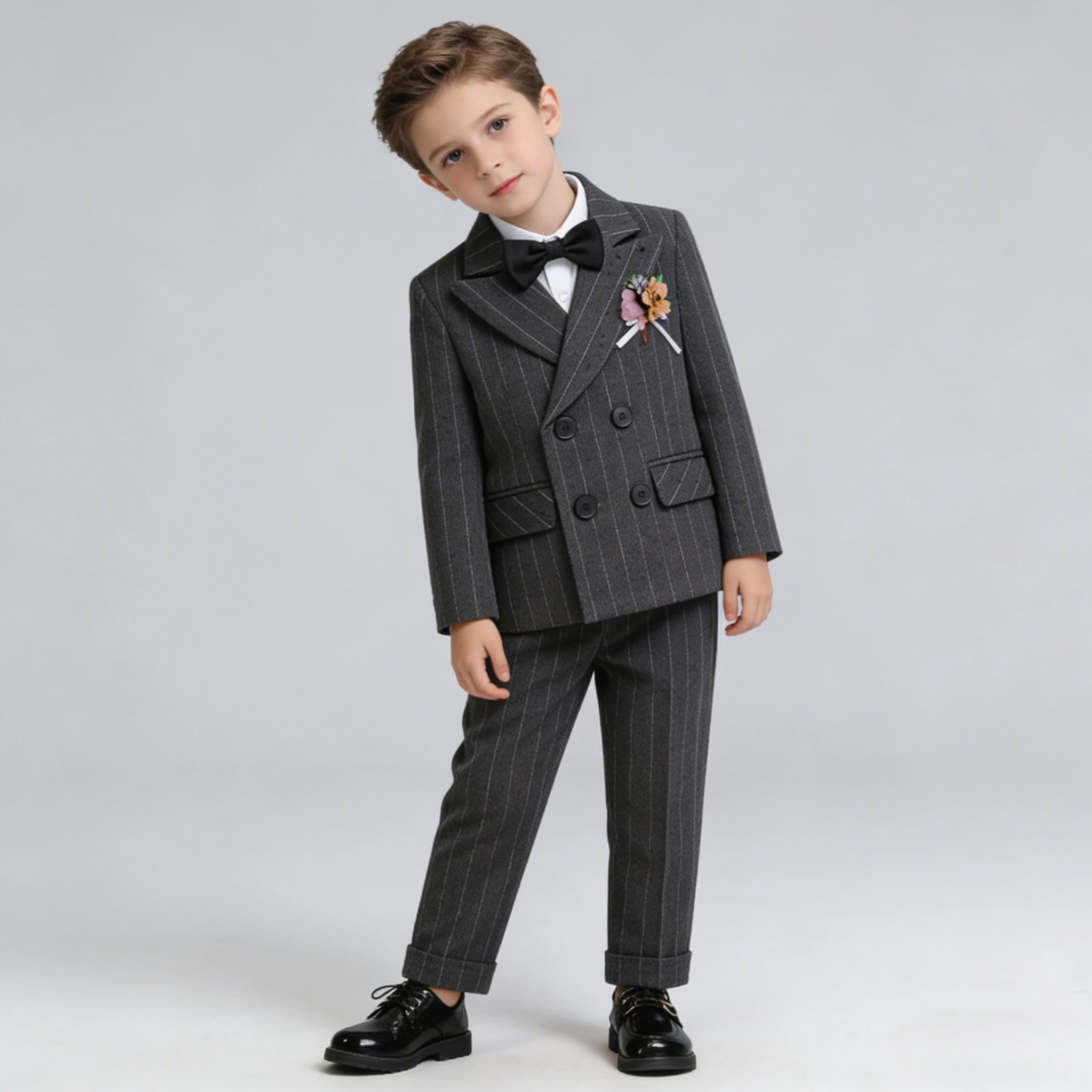 Boys Suit Grey Elegant Double Breasted Gentleman Piano Performance Costume for Children Clothing 2-12 Y Infant Birthday Tuxedo