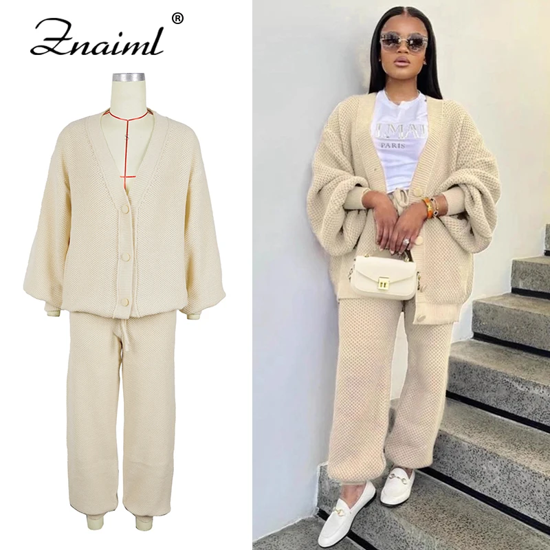 Znaiml レディース ルーズニット2点セット 長袖カーディガンセーターとワイドレッグパンツ カジュアル 秋冬ニットウェア