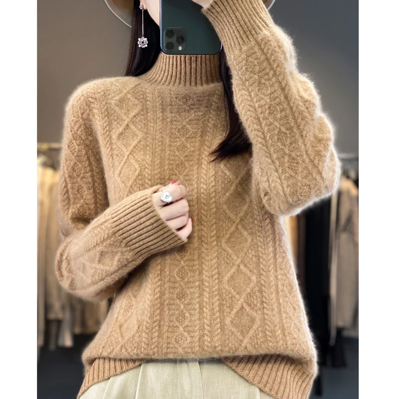 Merino Thickened Wool Sweater Half High Collar Twisted Flower Knitted Pullover Women\'s Wool Knitted Solid Color Top Winter