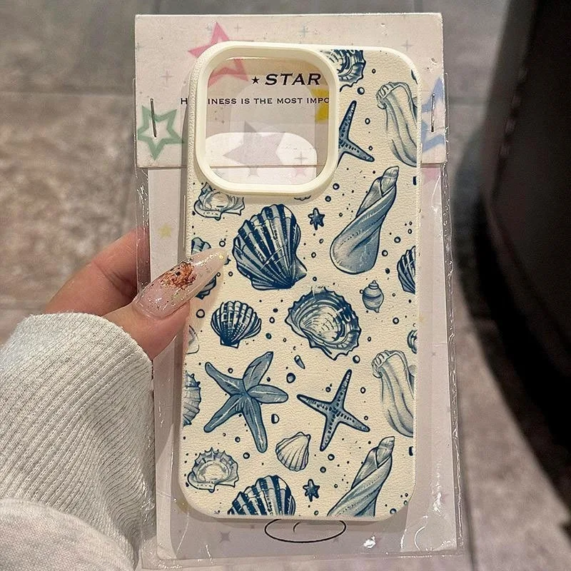 

Summer Blue Ocean Creature Shell Trendy Pattern Lychee Phone Case For Xiaomi Redmi Note 15 Pro Plus 5G 14 13 12 11 14C 15C Cover