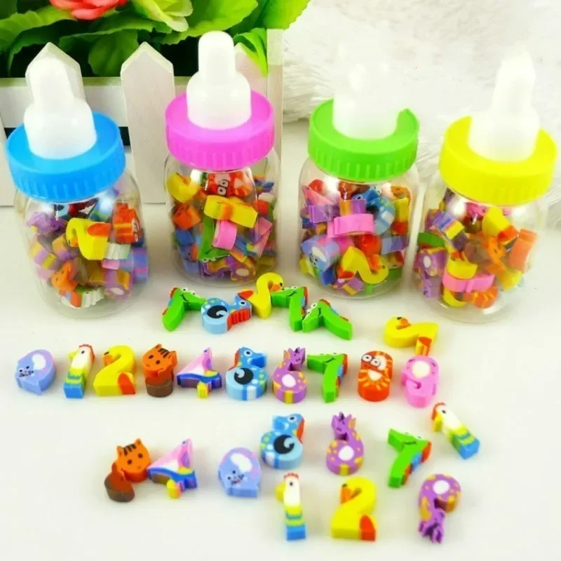 28Pcs/Bottle Cute Mini Cartoon Numbers Rubber Eraser with Plastic Bottle Creative Products for Kids Students School Supply Set