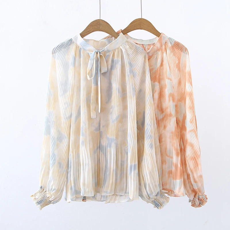 Bow Tie Collar Chiffon Women Blouse 2023 Fashion Tie-dyed Pressed Pleat Long Sleeve Shirt Elegant Loose Casual Tops Mujer 29343