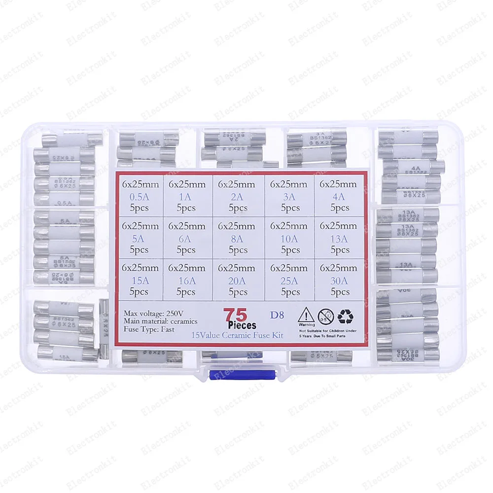 Surtido de fusibles de cerámica de soplado rápido, caja de mezcla de 0,5a, 1A, 2A, 3A, 4A, 5A, 6A, 8A, 10A, 13A, 15A, 16A, 20A, 25A, 30A, 75 piezas, 15 valores, 6mm x 25mm, 250V