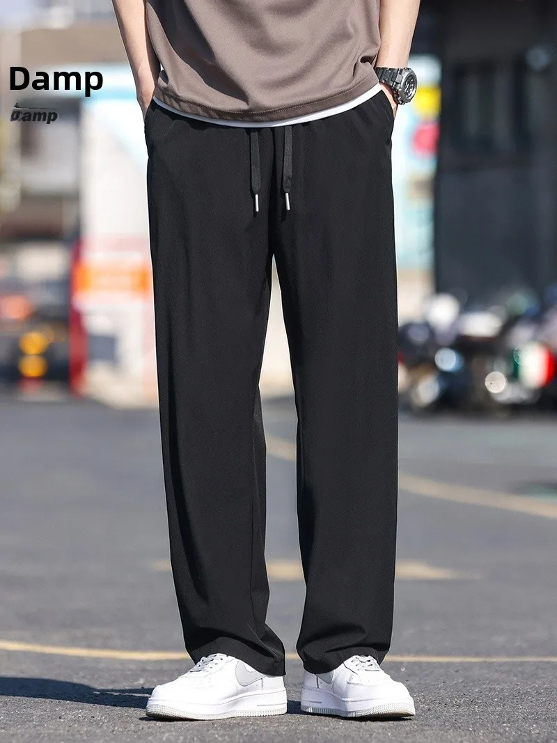 Rampo Men's Black Straight Leg Pants Summer New High Street Casual Thin Quick Dry Loose Fit American Style Polyester Fiber