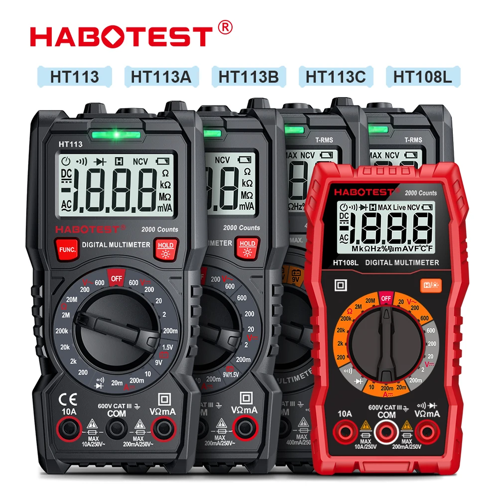 HABOTEST HT113/108L Digital Multimeter True-RMS Autorange NCV Voltmeter Ammeter Ohm Hz Capacitance Meter Electrician Test Tool