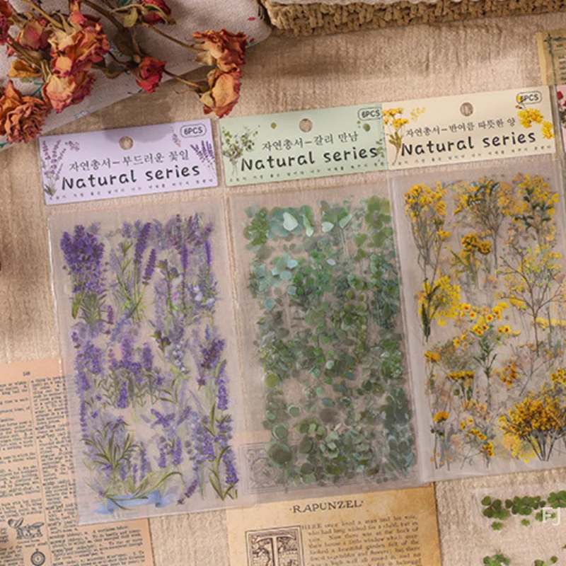 [YU] 12매 2팩 투명 PET 스티커 스크랩북 재료 DIY 저널 콜라주 꽃 잎 식물 장식 스티커