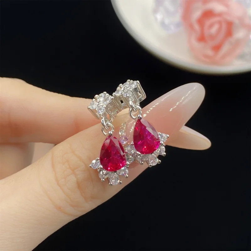 

Red Corundum Water Drop Shape Three-Piece Full Diamond Open Ring for Women Elegant Luxurious Pendant Earrings Set