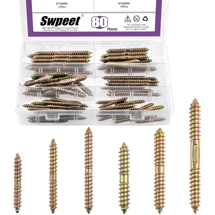 80 Pz 6 Formati M6 M8 Colore Zi Viti a doppia estremità Assortimento Kit Viti a doppia estremità Vite per tassello in legno Autofilettante Filettato Bol