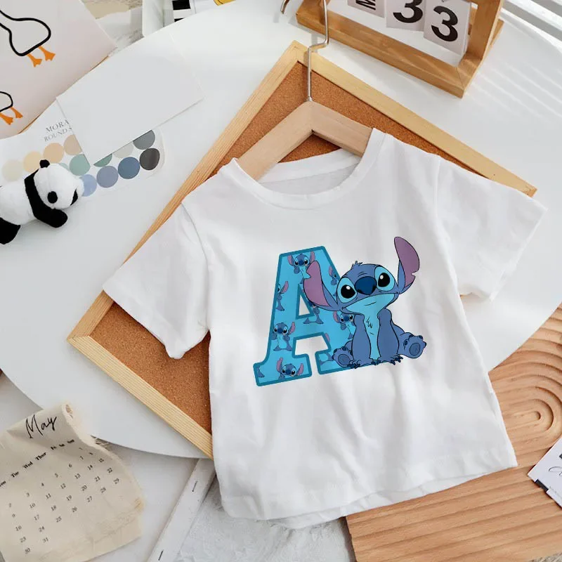 Stitch T-Shirt Letter A B C D Children Name Combination Tee Shirts Cartoons Kawaii Kid Casual Clothes Girl Boy Tops Clothing