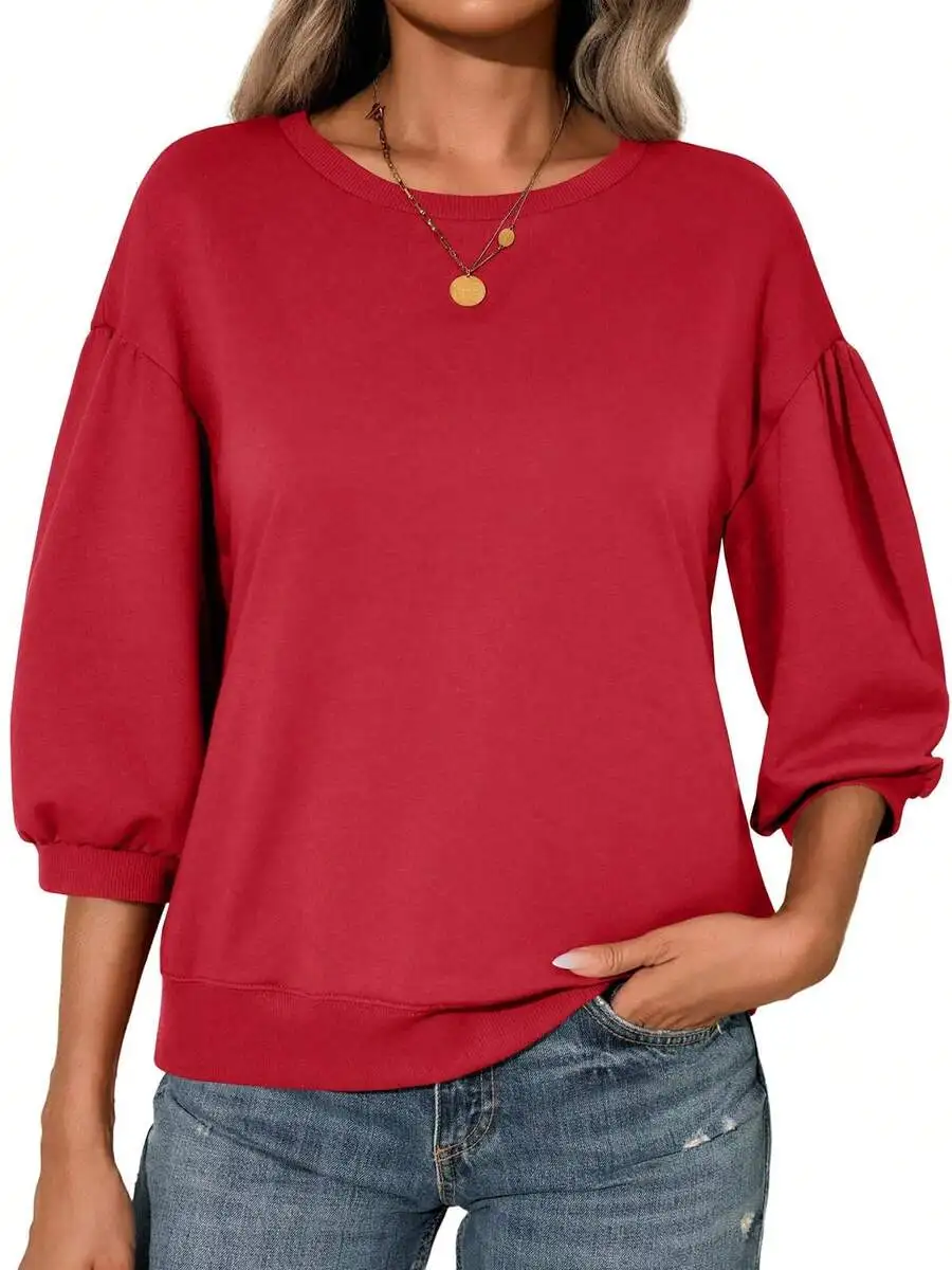 

Womens Puff Sleeve Crewneck Sweatshirt Loose Fit Pullover Soft Fleece Casual Top With Ribbed Trim