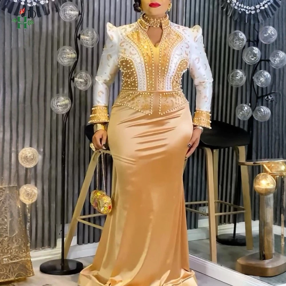 

2025 African Dresses For Woman Plus Size Stand Collar Turkey Dress Mermaid Maxi Gown Luxury Party Wedding Bubu Africa Clothing