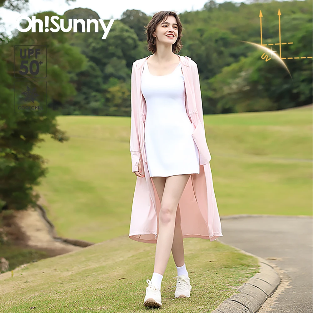 

OhSunny Summer Trench Anti-UV Clothes 2024 New Sun Protection Long Coat Hooded Adjustable Waist Beach Dress For Women Girls