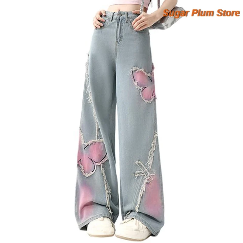 American Retro Women's Autumn and Winter New Loose Straight Wide-leg Jeans Butterfly Patch and Hole Tassels Are Soft and Slim.