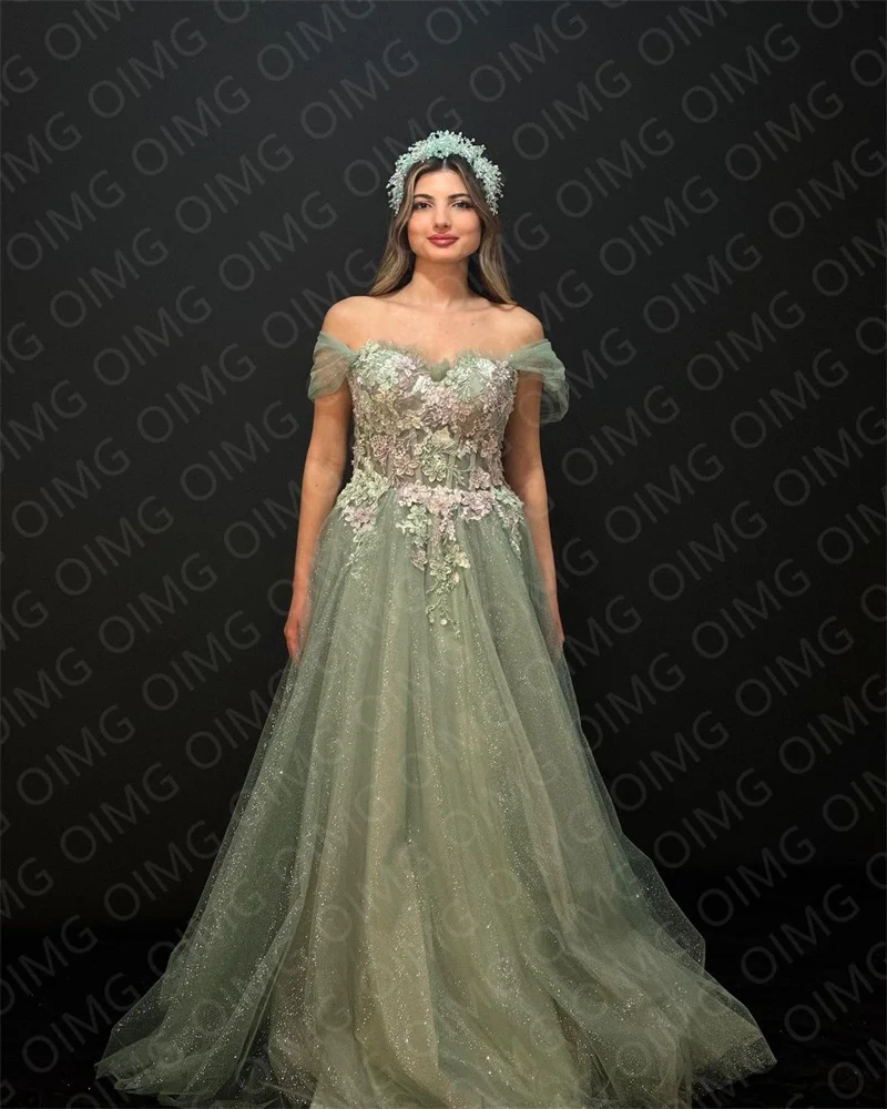 OIMG vestido de noche Formal de tul verde claro, apliques, flor de boda, línea A, noche Formal, graduación