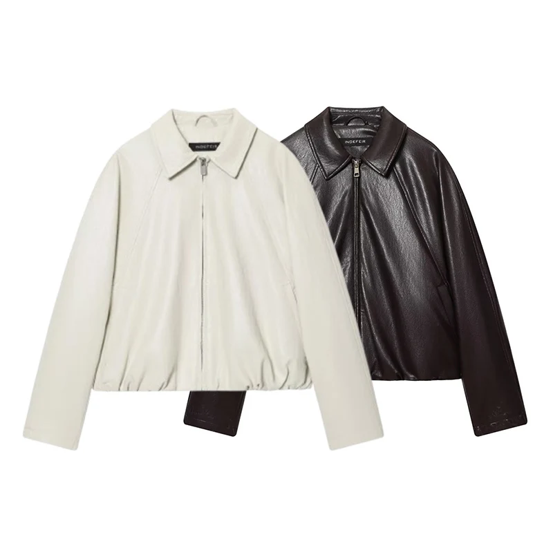 

Women Faux Leather Jacket Lapel Long Sleeve Zipper Short Coat Autumn Bomber Jacket For Women Streetwear Casual New Outerwear
