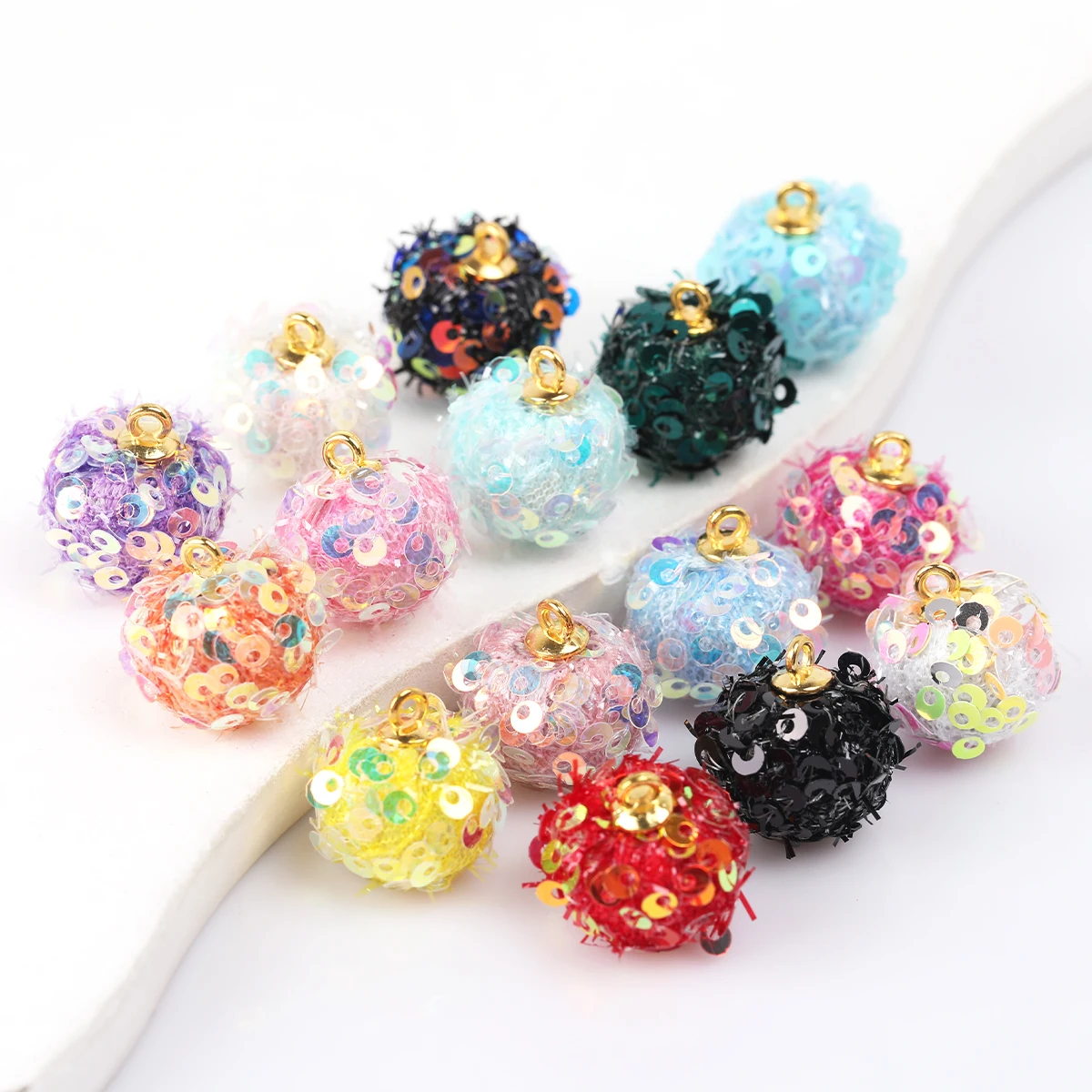 14pcs Random Color Polyester Sequin Pom Pom Beads With Loop, Size 1.6cm DIY Jewelry Making Accessories Necklace Bracelet