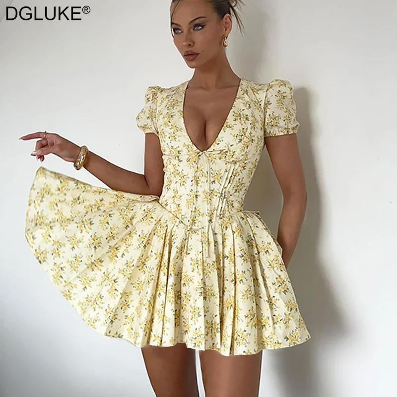 Deep V-Neck Floral Print Mini Dress Fashion Lace Up A-line Pleated Summer Dress Chic And Elegant Woman Dress 2024