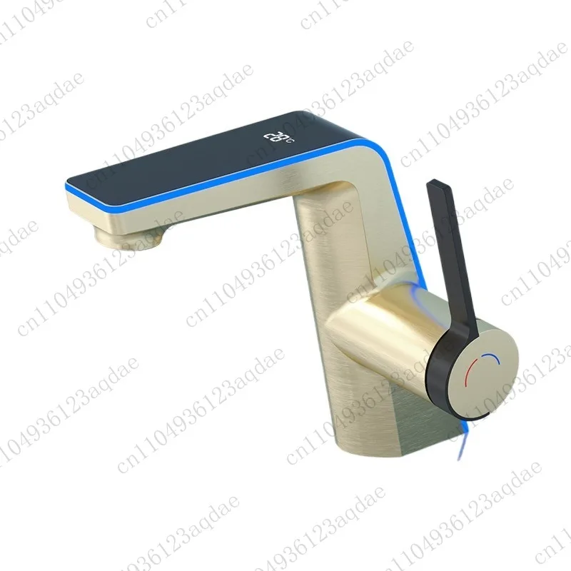 

Faucet Brushed gold finish with small LED temperature display Basin mixer faucet Bathroom brass alloy waterfall basin