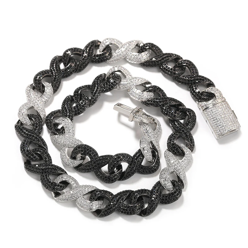 Hip Hop 5A+ CZ Stone Bling Iced Out Black Silver Color 2:1 Infinity Round Cuban Link Chain Necklace for Men Rapper Jewelry
