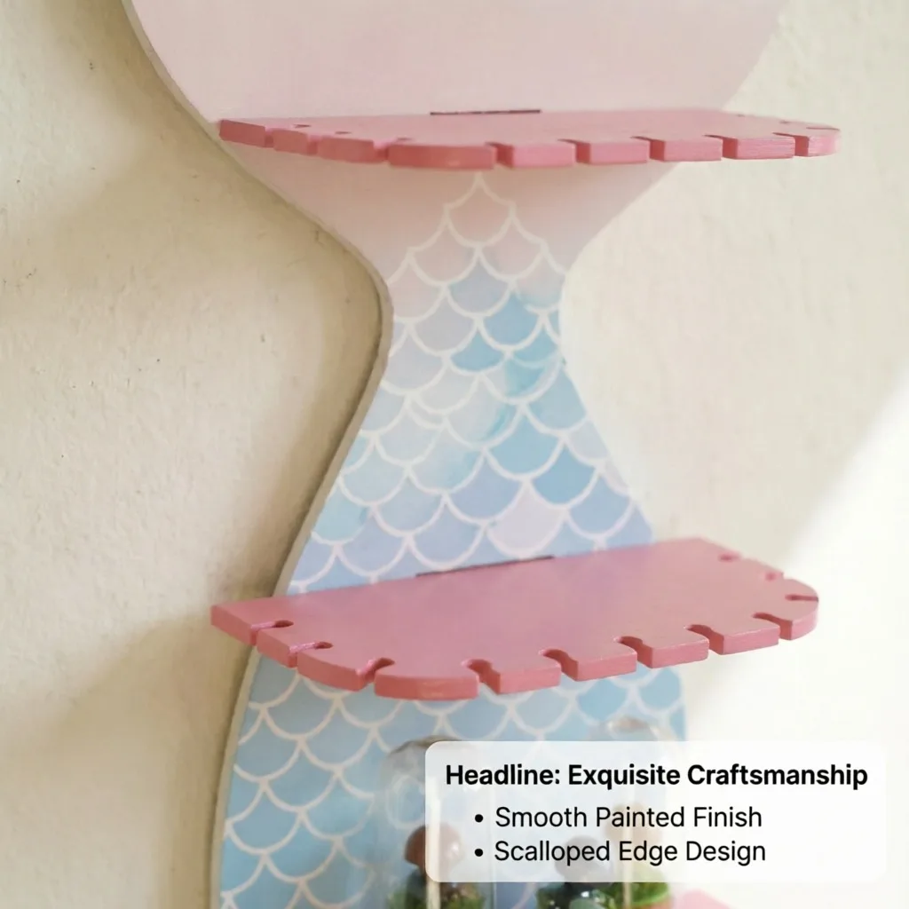 3 Tier Pink Gradient Mermaid Tail Wooden Floating Wall Shelf Space Saving Wall Storage For Teenage Girls Bedroom Home Decor