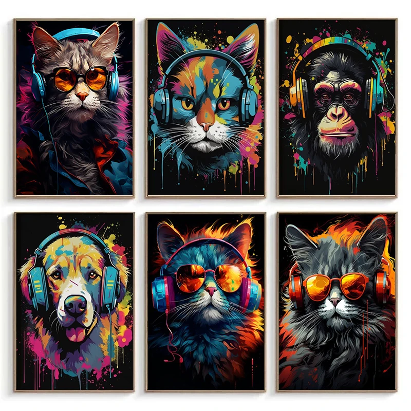 

Animal Art Graffiti Cat Canvas Painting Animals Wearing Headphones Gaming Wall Art Posters Prints Home Room Wall Decor Pictures