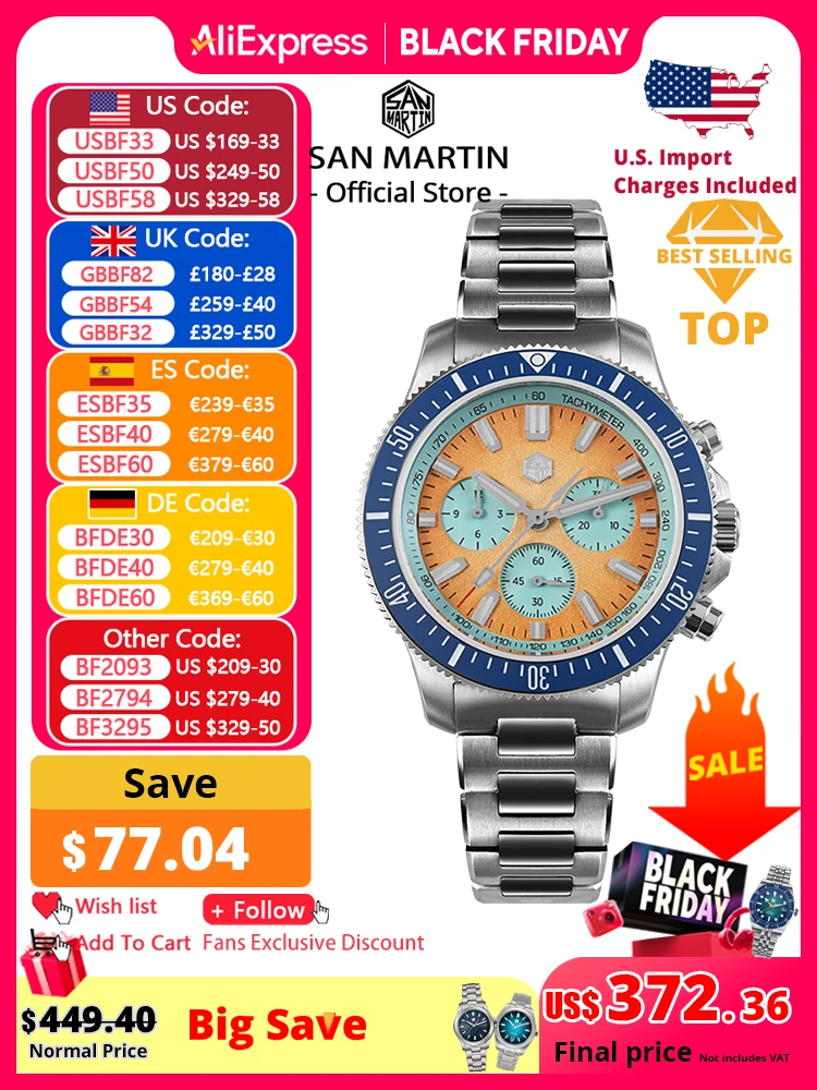 

San Martin 40 мм дайверские часы с хронографом Peacock SL-4801 с автоматическим механизмом, роскошные мужские механические наручные часы, водонепроницаемые SN0118