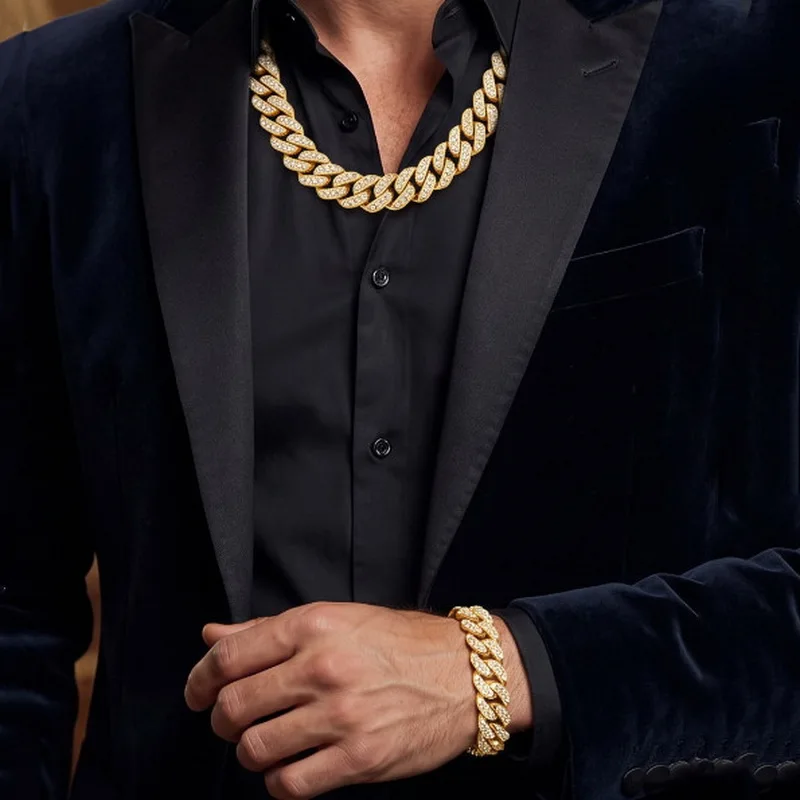 KALEN Casual Luxury Men's Chunky Stainless Steel Necklace Hip Hop Rhinestone Cuban Chain Fashion Jewelry Sets Party Gifts