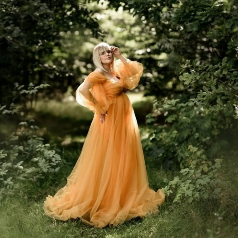 Orange Maternity Dresses Off Shoulder Long Sleeves Tulle Pregnancy Dress For Photoshoot Floor Length For Babyshower