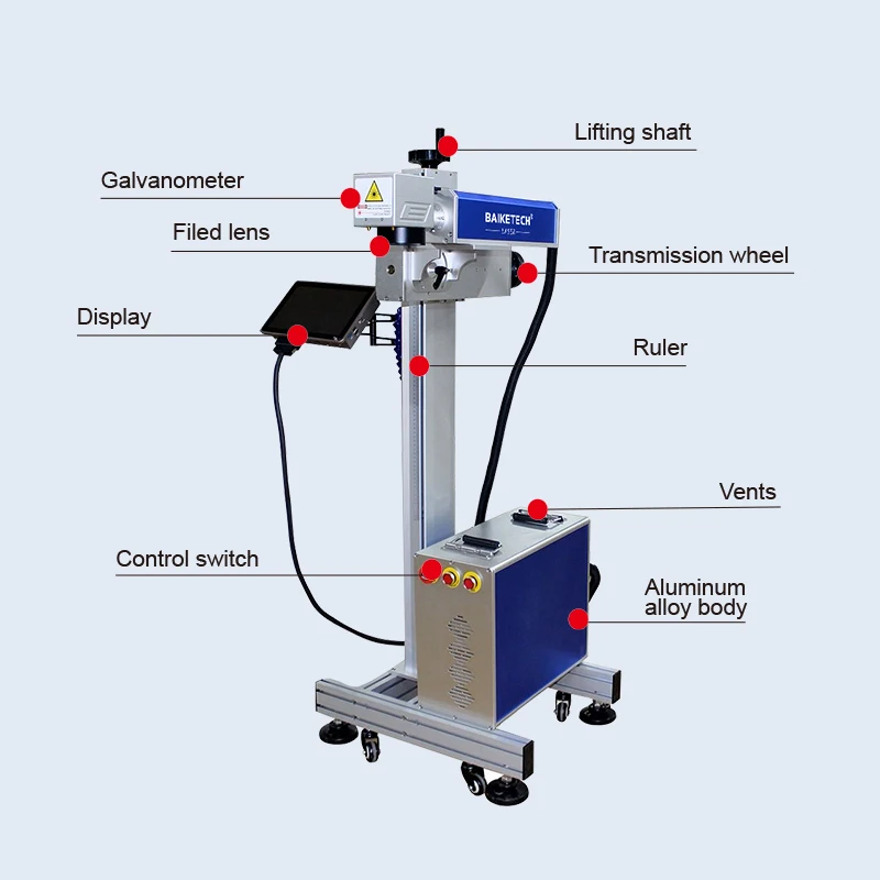 TH-600 30W 50W 60W 70W Mesin Penanda Terbang Laser Serat Raycus untuk Ukiran Logam Baja Tahan Karat Tembaga Aluminium