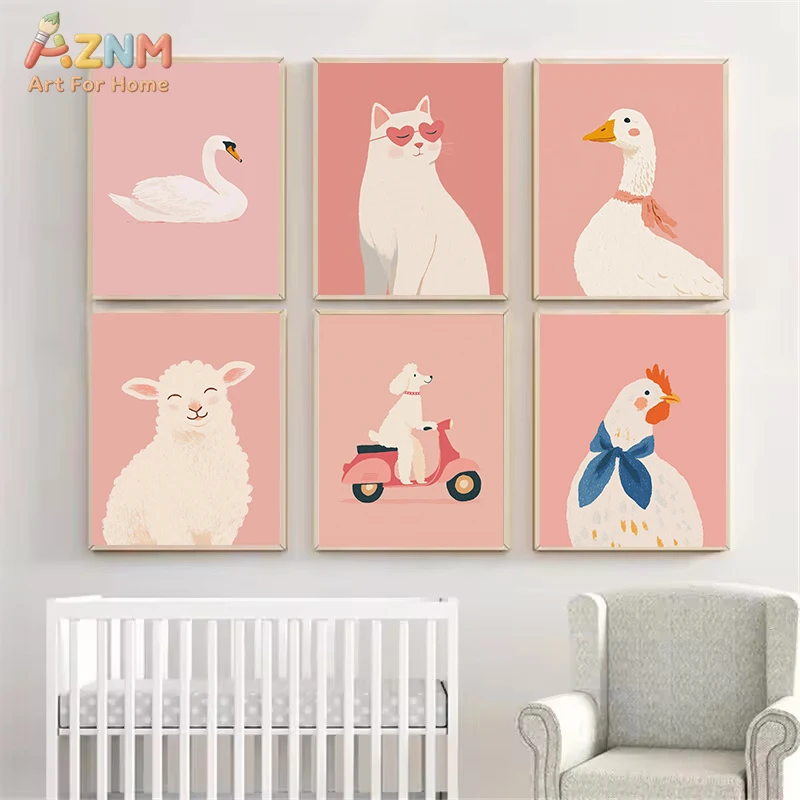 AZNM Cute Poodle Dog Riding Scooter Cartoon Canvas Wall Art, Pastel Pink Minimal Pet Illustration Aesthetic Home Decor Unframed