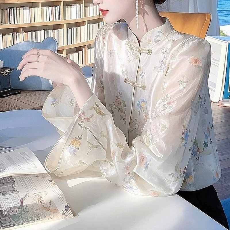 جديد النمط الصيني المشمش الأزهار بلوزة قميص المرأة 2025 الربيع الرجعية زر طويلة الأكمام الفاخرة تانغ دعوى واقية من الشمس قميص علوي Y2K