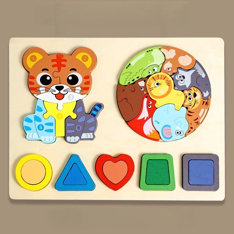 Rompecabezas 3D coloridos para niños, juegos Montessori, rompecabezas de animales de dibujos animados, juguetes educativos de madera para bebés, educación para niños