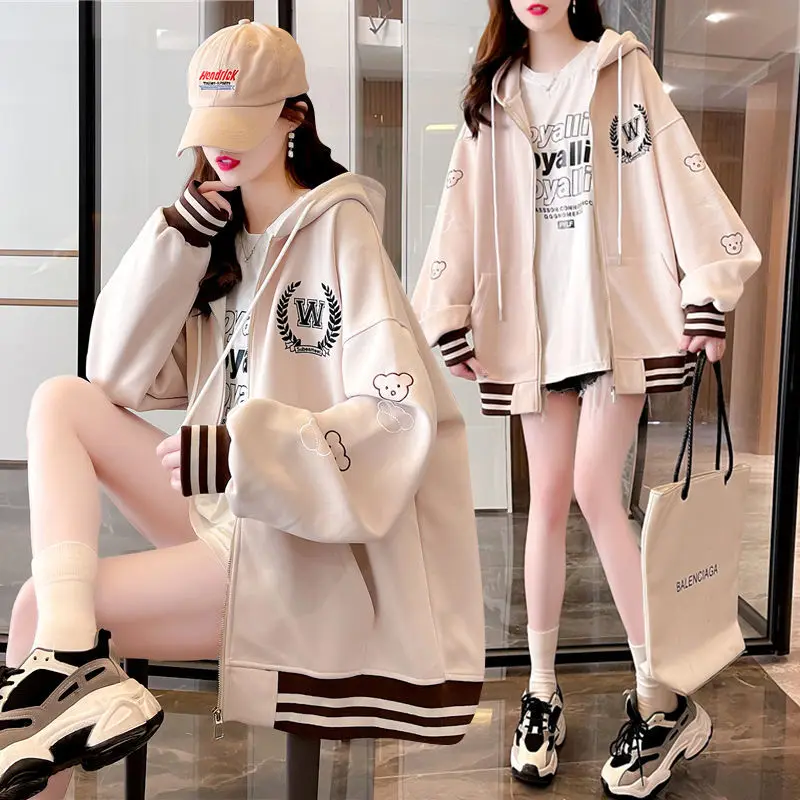 Preppy Style Zip Up Hoodies Women Kawaii Cartoon Bear Print Long Sleeve Hooded Sweatshirt Y2k Zipper Cardigan Baseball Suit Coat