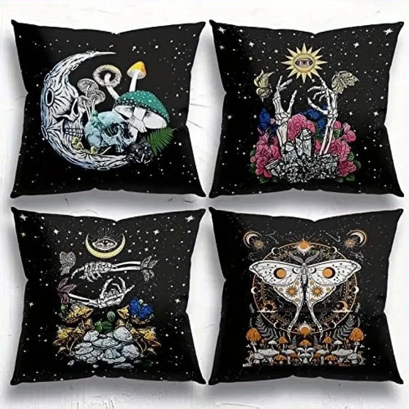 Home Decor Gothic Skeleton & Mystical Motifs Pillow Covers Pattern Cushion Cover Suitable for Sofa Bedroom Car Pillow Cover