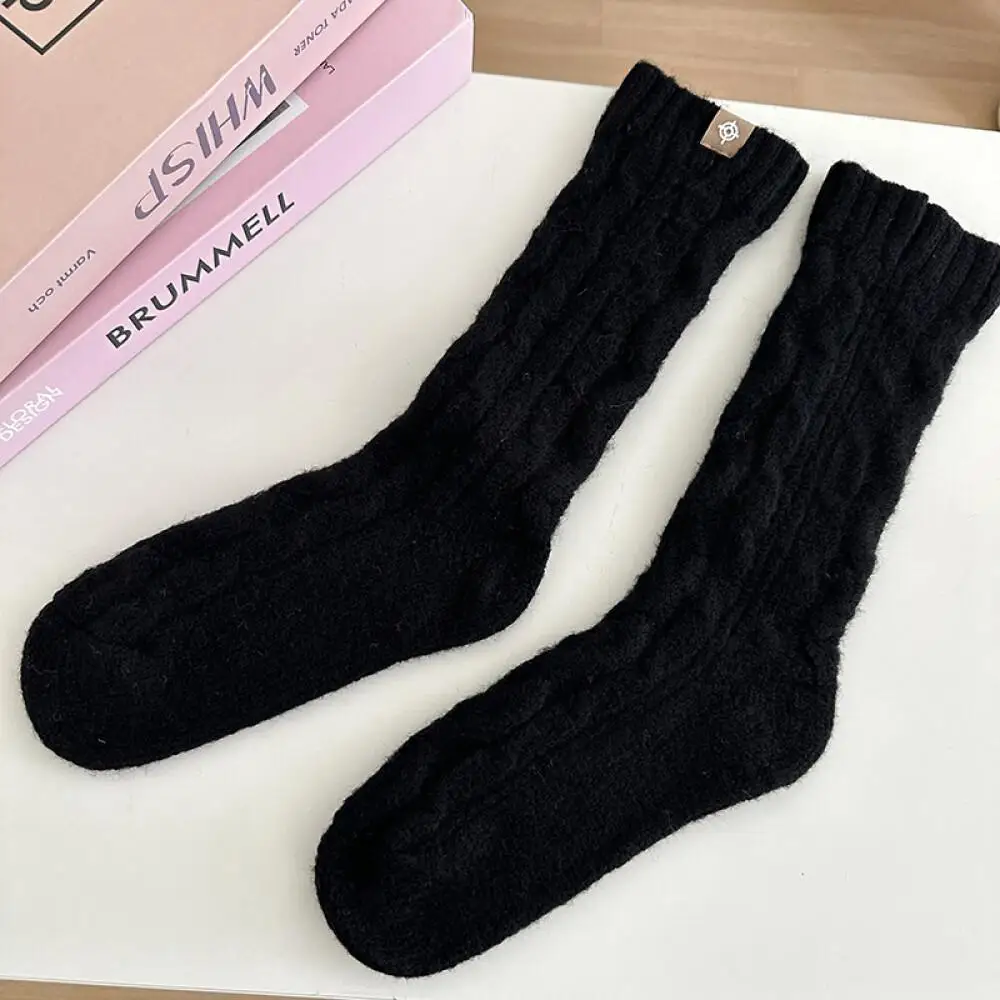 Knitted Wool Warm Socks Japanese Korean Casual Solid Color Simple Style Mid-Calf Length Socks Twist Striped Socks