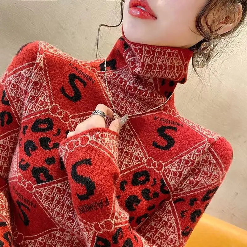 Winter All-match Letter Turtleneck Long Sleeve Pullovers Women Clothes Korean Leopard Slim Tshirt Femme Interior Lapping Casual