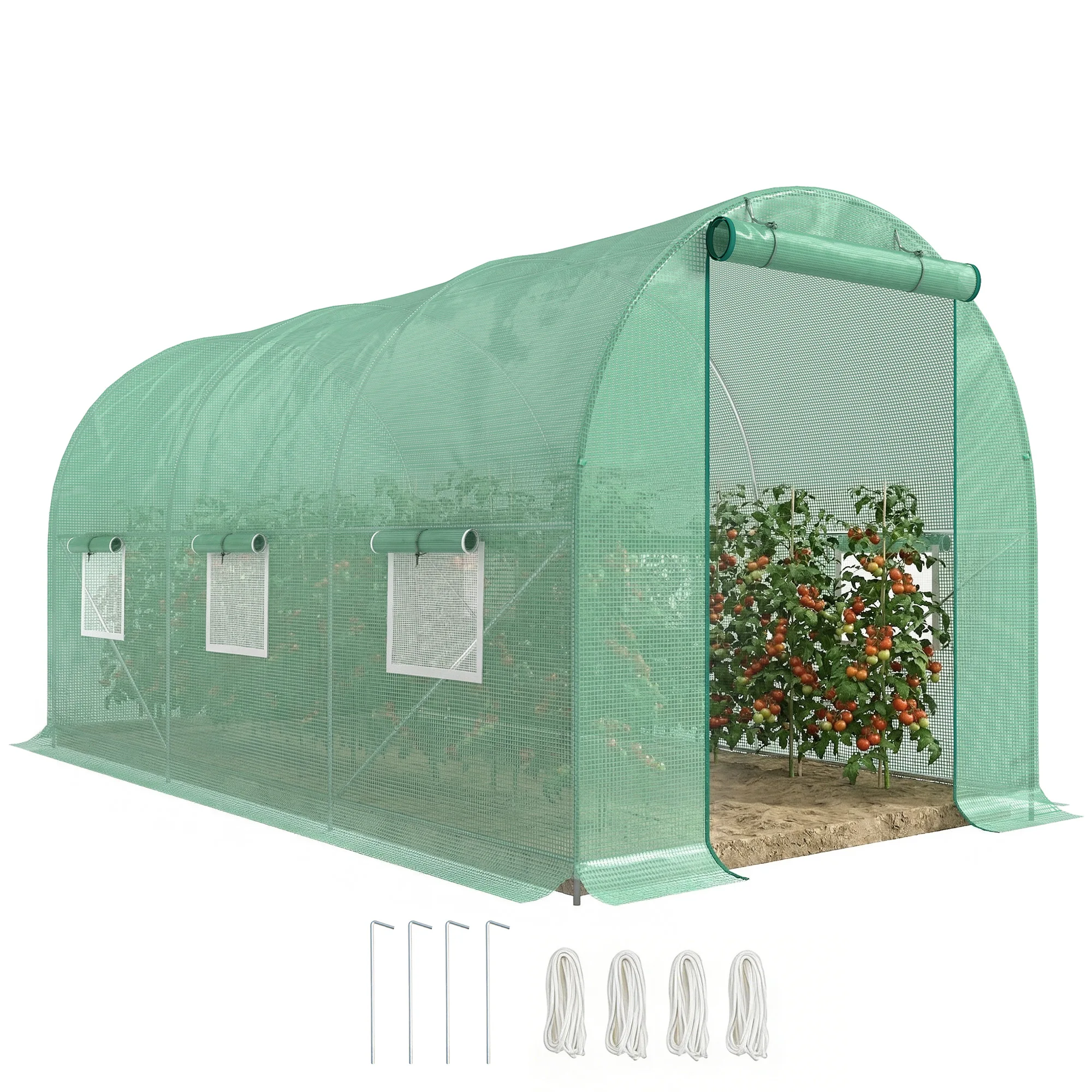 Walk-In Tunnel-Style Green House W/ Roll-Up Front Entrance & Six Side Windows