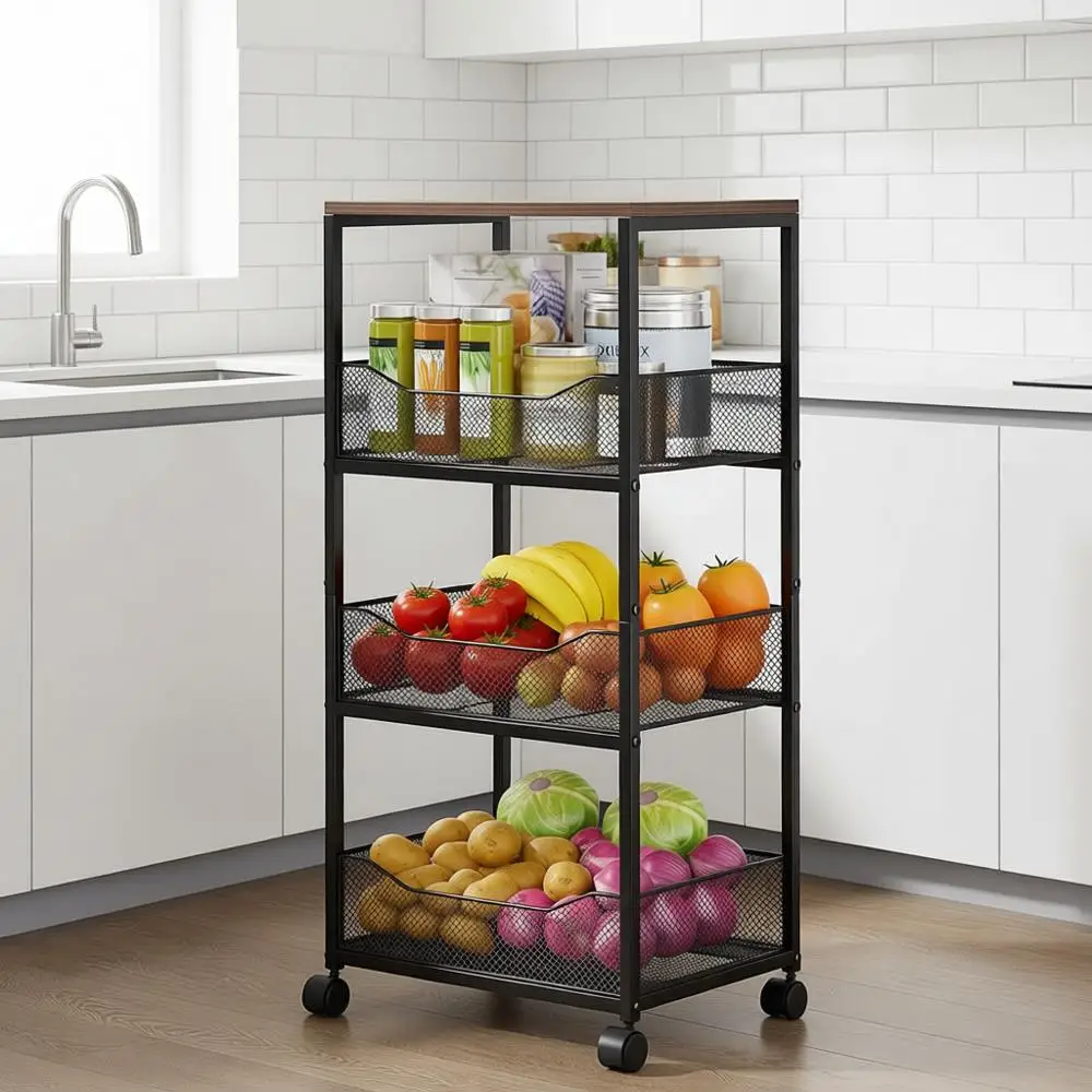 

Тележка-органайзер на 4 яруса на колесиках, с деревянной столешницей, для хранения овощей, картофеля, лука и других продуктов в кухонном шкафу или кладовой