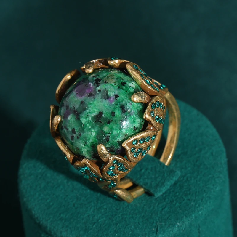 Vintage Moosgrüne Natursteinringe Goldfarben Strass-Blatt für Damen Accessoires Retro Schmuck Zweig Luxus 2026 Trendig