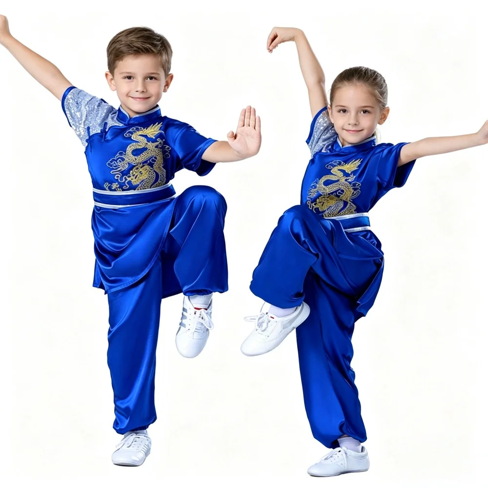 USHINE Children Kung Fu Outfit Satin Dragon Embroidered Wushu Suit Short Sleeve Chinese Martial Arts Stage Show Training Uniform