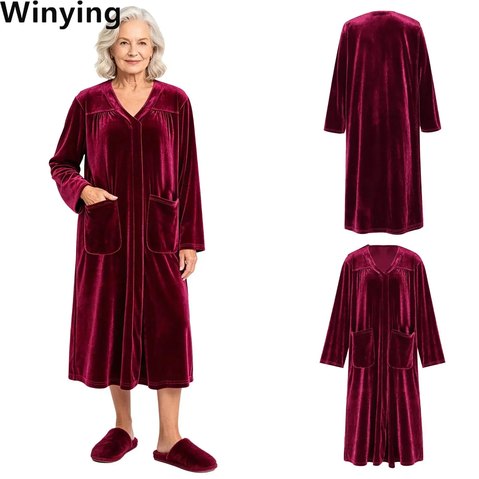 Women Warm Velvet Nightgown V-neck Long Sleeve Press Button Shoulder Open Back Nightdress with Pockets for Elderly Nursing