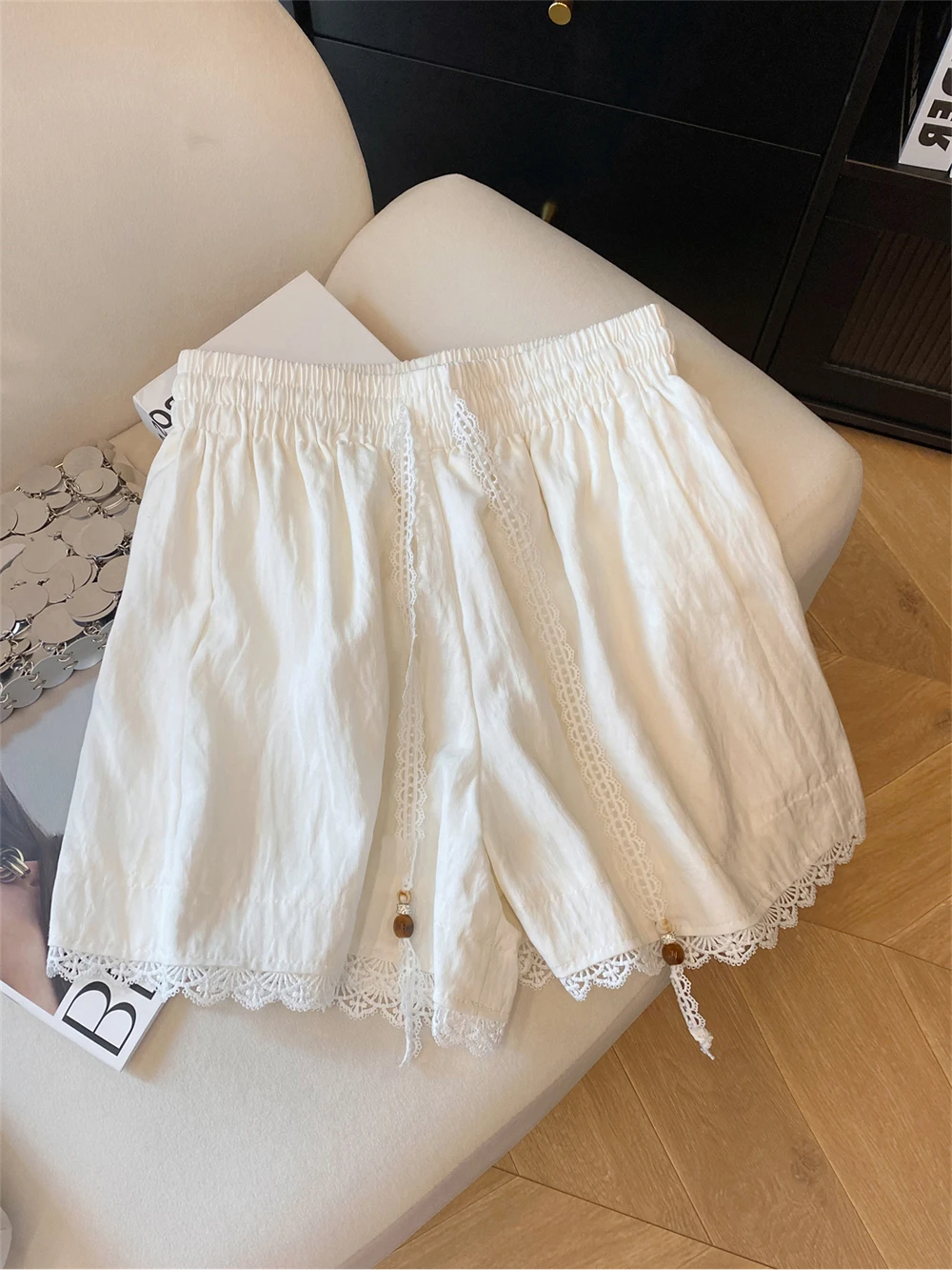 Coreano sle casual doce renda guarnição dstring solto emagrecimento calças de perna larga das mulheres dos homens verão faion ort orts