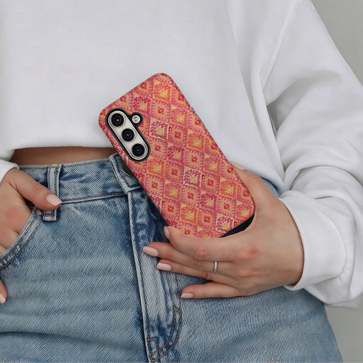 Pink Orange Ikat Diamonds Phone Case For Samsung Galaxy S26 S25 Ultra S24 S23 Plus Hard Shock‑Absorption 2-in-1Protective Cover
