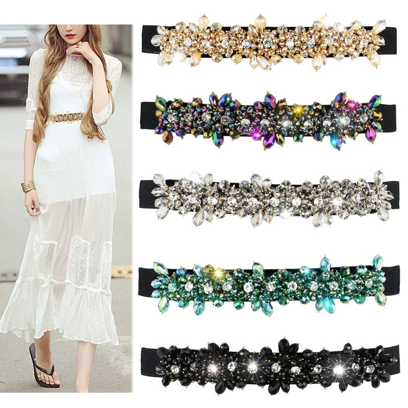 1PC Women Fashion Slim Corset Cummerbunds Elastic Belts Colorful Stones Waistband Female Coat Waist Shirt Skirt Belt Accessory