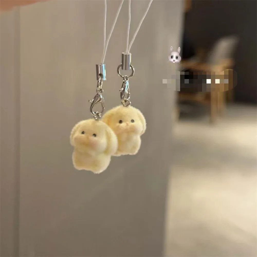 Resin Flocking Mobile Phone Chain Cartoon Cute Little Rabbit Dog Keychain Car Pendant Bag Hanging Decorations Give Friends Gift