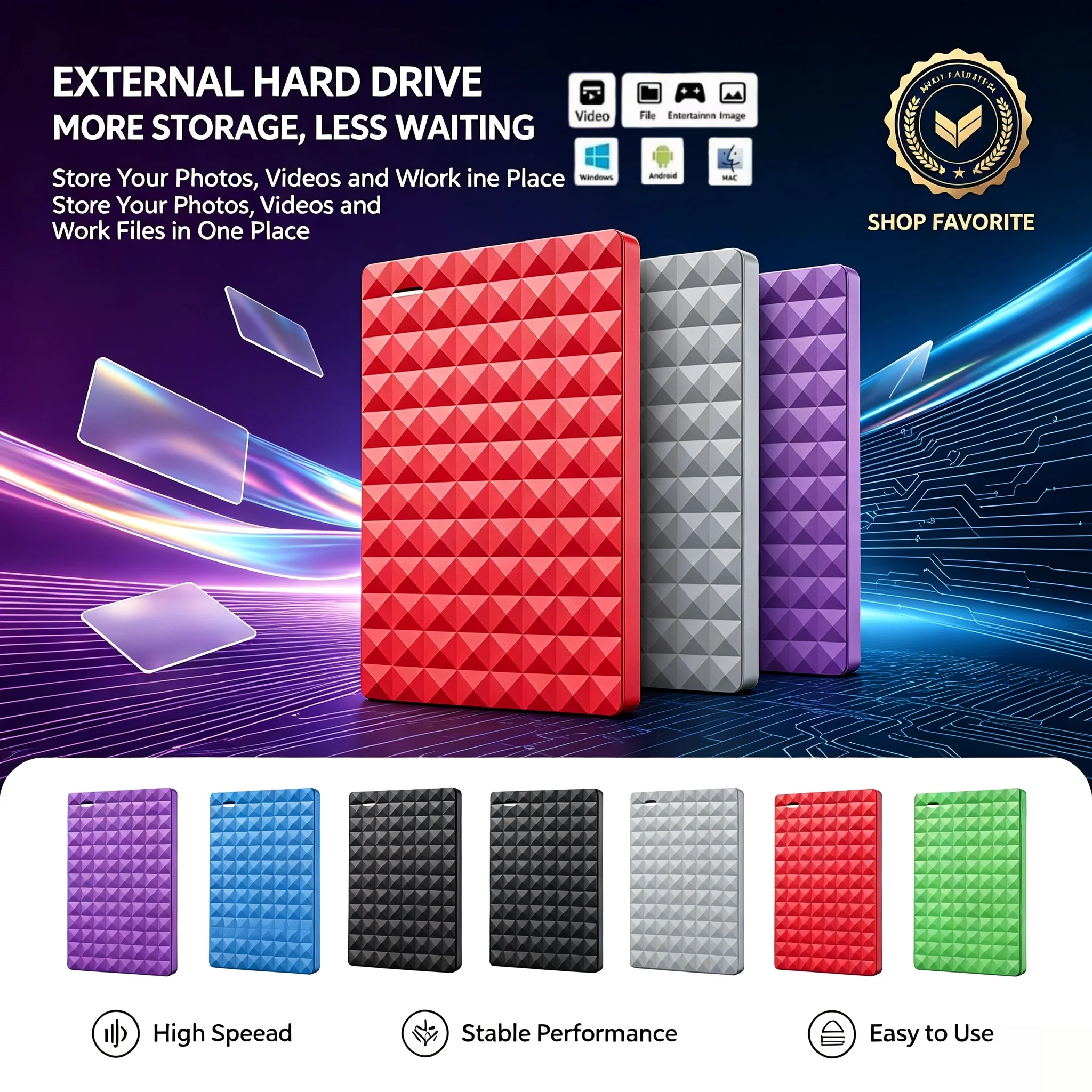 2.5-Inch USB3.0 Mobile External Hard Drive, Large Capacity HDD for Laptop, Office, Data Recovery, 500GB, 1TB, 2TB, 4TB.