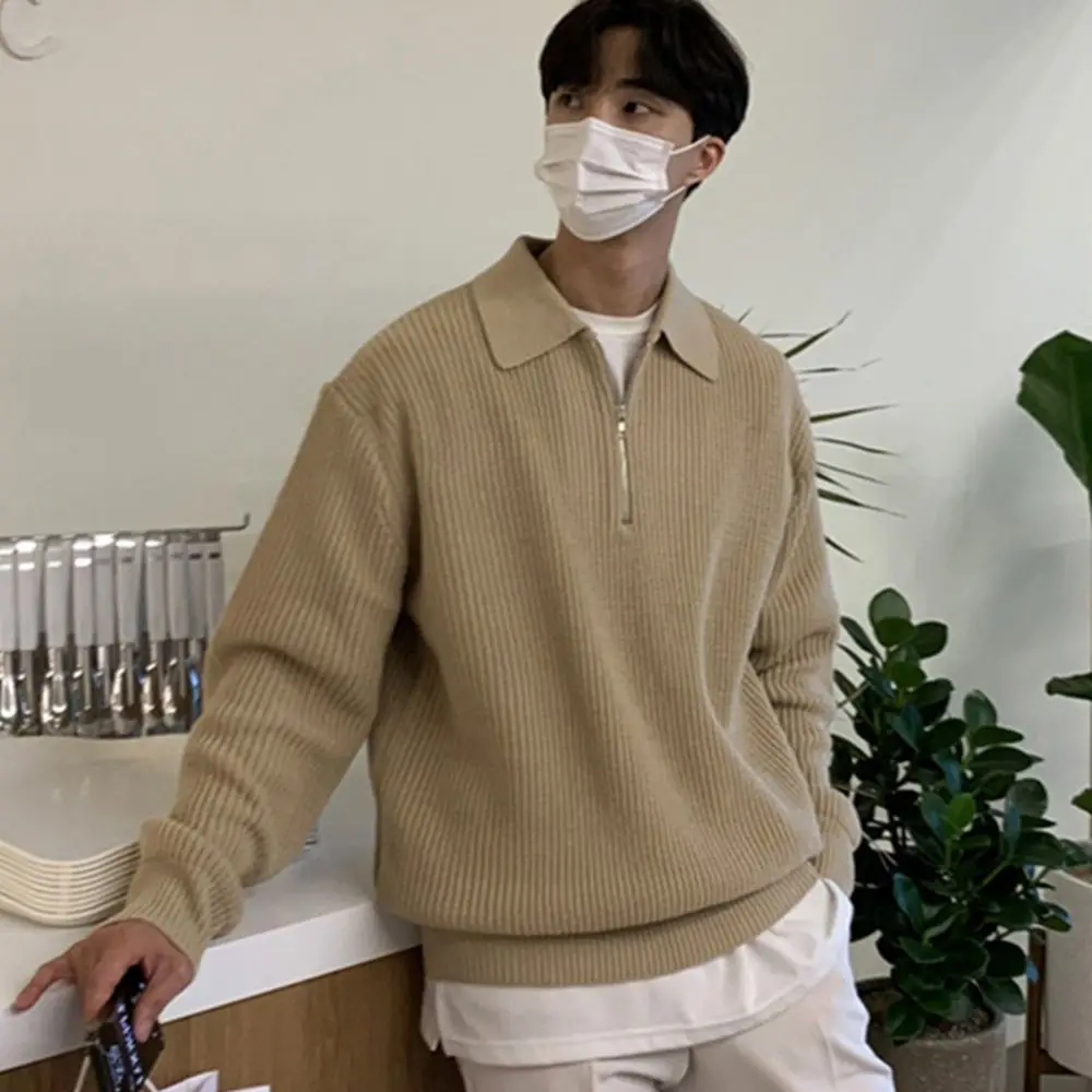 Sweater rajut pria, warna murni Slouchy Korea tampan komuter gaya tahan angin hangat nyaman setengah ritsleting desain latihan musim dingin